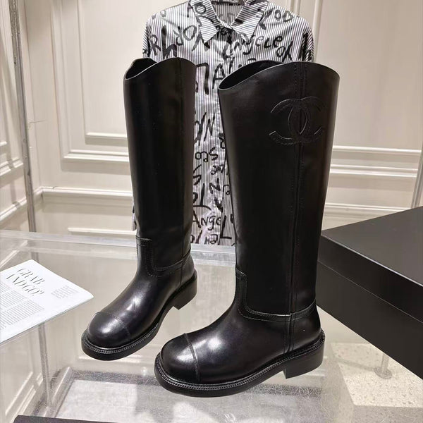 CC 26FW Riding Boots Embossed Logo Black Cowhide