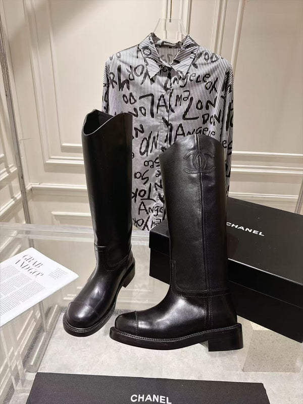 CC 26FW Riding Boots Embossed Logo Black Cowhide