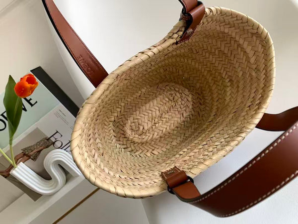 LOEWE 26S Small Basket Bag Anagram Logo 33cm Beige Palm Leaf Calfskin