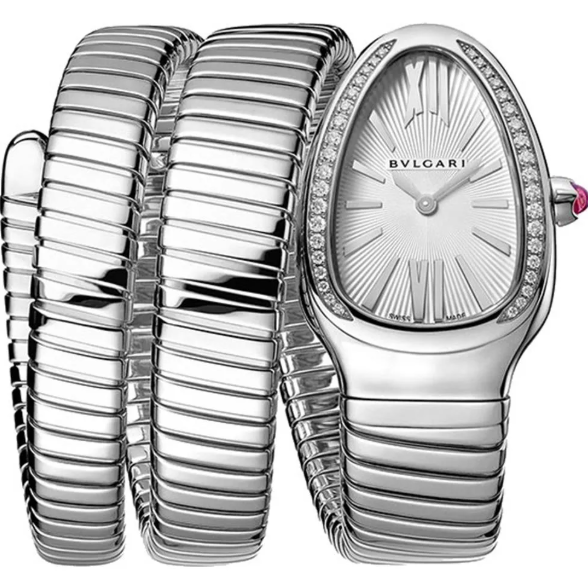 Montre à quartz Bulgari Serpenti Tubogas 35 mm en acier avec cadran argenté et diamants