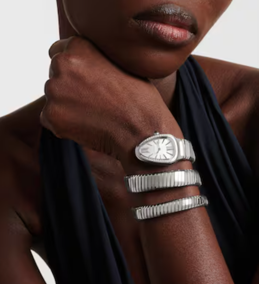 Montre à quartz Bulgari Serpenti Tubogas 35 mm en acier avec cadran argenté et diamants