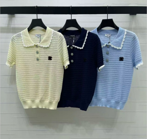 CC 2026 Lace-trimmed Polo Collar Knit Short-sleeved Top Cotton 390780