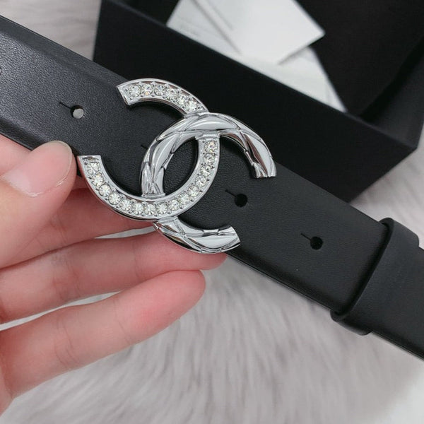 CC WOMEN'S BELT 30MM LEATHER BLACK BUCKLE SILVER DIAMOND CARO