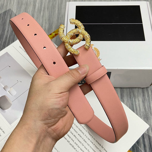 CC BELT 30MM BUCKLE GOLD DIAMOND LEATHER PINK