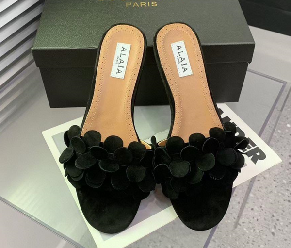 sandalo alia mulo pelle di vitello marrone tessuto fiori nero