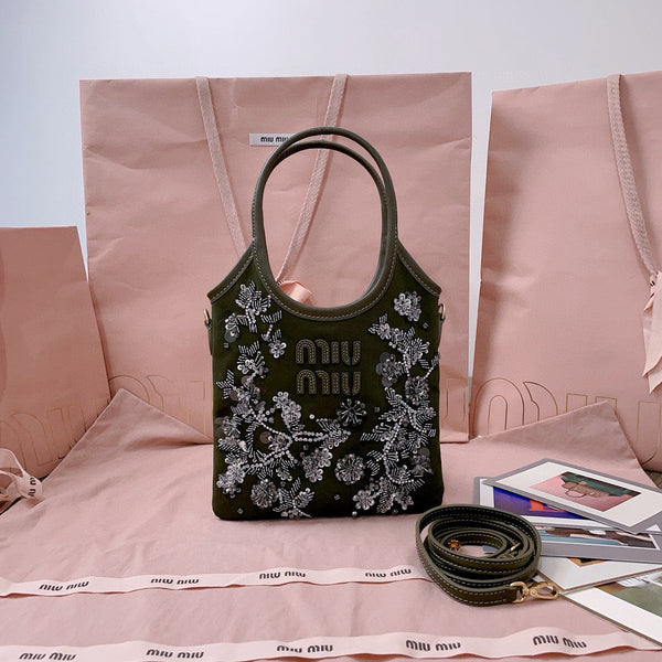 MIU IVY GABARDINE BAG 24CM IN OLIVE GREEN EMBROIDERED COTTON