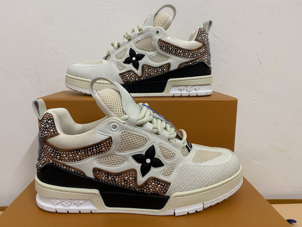 LV Skate Sneaker Studs Ivory mix Brown Cowhide and Mesh Fabric