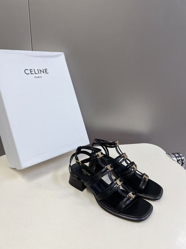 CL Clemence Triomphe Multi Sandal Gold Logo In Black Calfskin