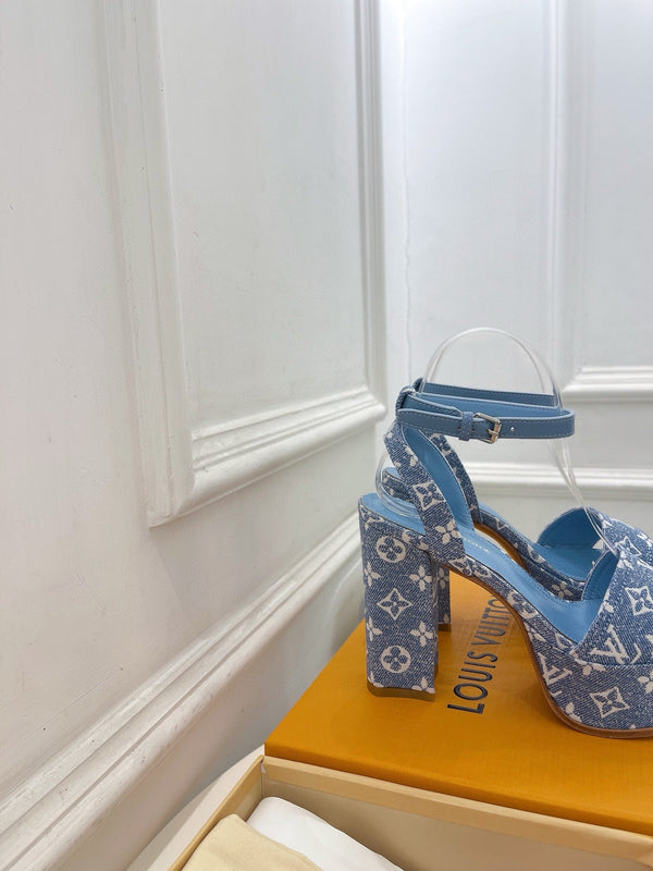 LV Blue Monogram Denim Strap Platform 110mm Sandals