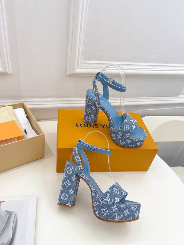 LV Blue Monogram Denim Strap Platform 110mm Sandals