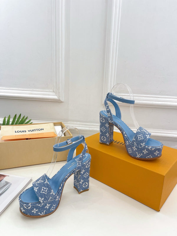LV Blue Monogram Denim Strap Platform 110mm Sandals