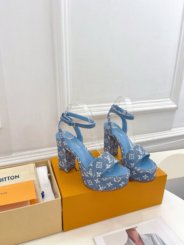 LV Blue Monogram Denim Strap Platform 110mm Sandals