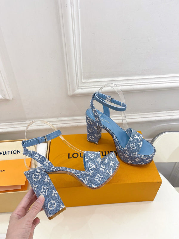 LV Blue Monogram Denim Strap Platform 110mm Sandals