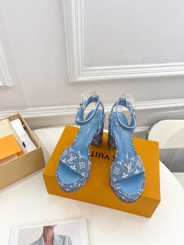 LV Blue Monogram Denim Strap Platform 110mm Sandals