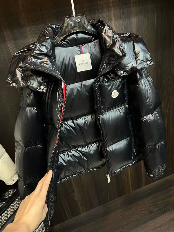 MC 26S Montbeliard Hooded Short Down Jacket Tricolor Zipper Black Nylon Laqué