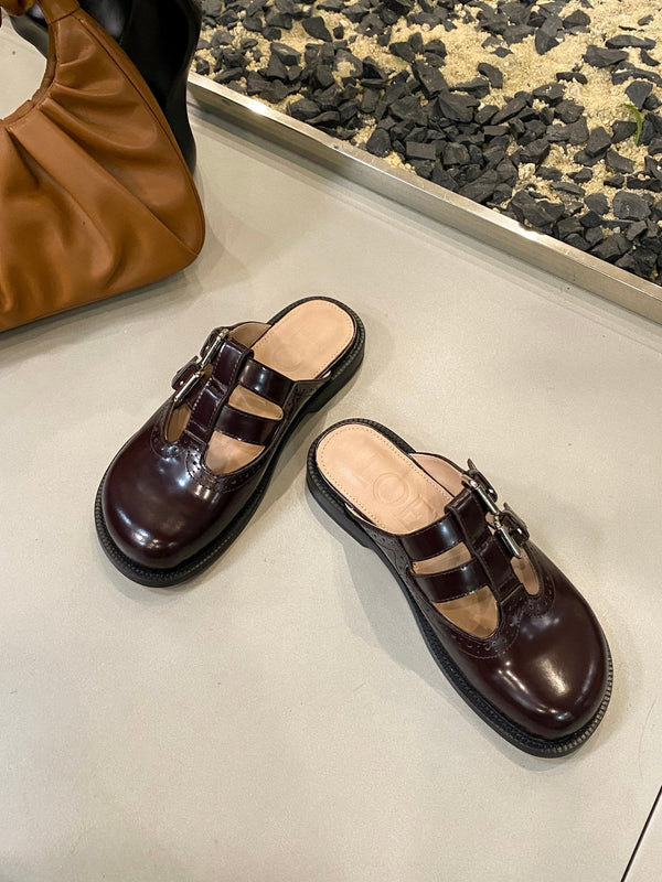 Loewe Campo Mary Jane Ballerina Flat in pelle di mucca mogano