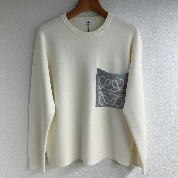 Loewe Pull à col rond en laine blanche et grise brodé grand logo 2025 321548