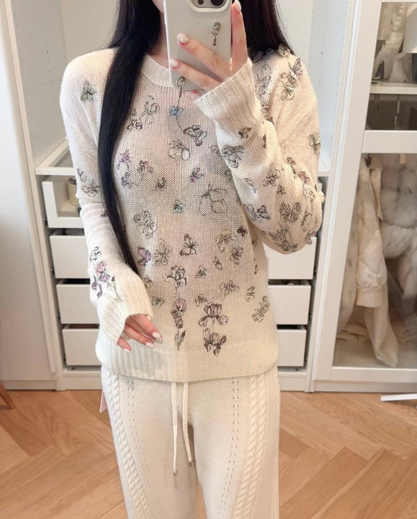 Pull brodé CD ButterflyAlpaga laine Cachemire blanc 345311