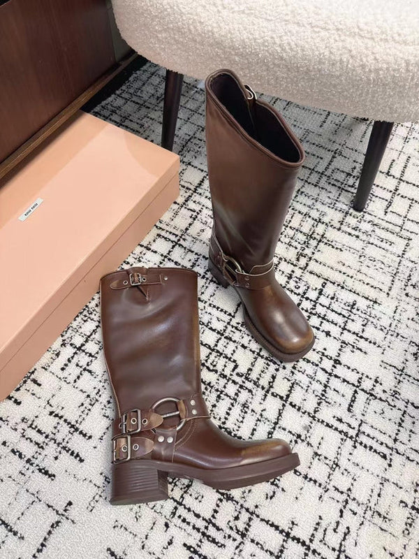 Miu 2026 High-Top Biker Boots Suede Calfskin 952185