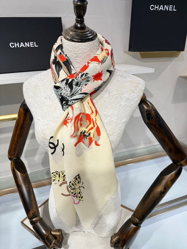 CC 2026 Square Scarf 140cm Red White Cashmere Silk 218853