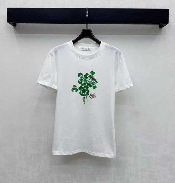 T-shirt ajusté CD en jersey de coton blanc avec motif Dior Clover vert