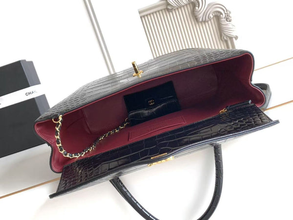 CC 2026 Maxi Top Handle Bag 31cm Black Crocodile Embossed Leather