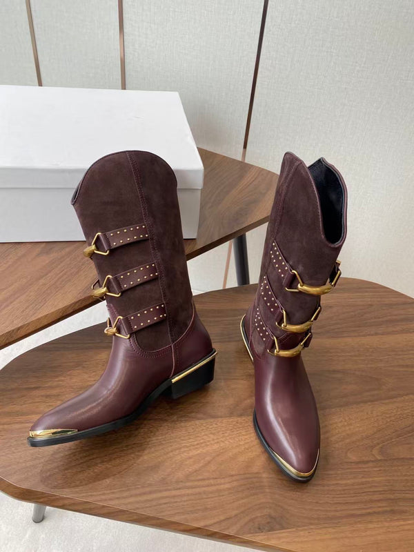 Isabel Marant Meixa Boots Santiag 30mm Burgundy Leather and Metal