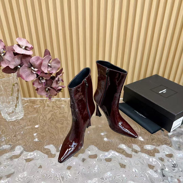 YSL Ankle Boots 90mm Burgundy Patent Leather