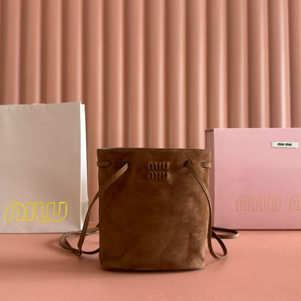 Miu Bucket Bag 14cm Brown Suede