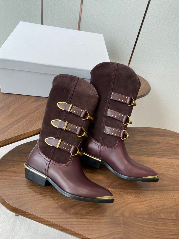 Isabel Marant Meixa Boots Santiag 30mm Burgundy Leather and Metal