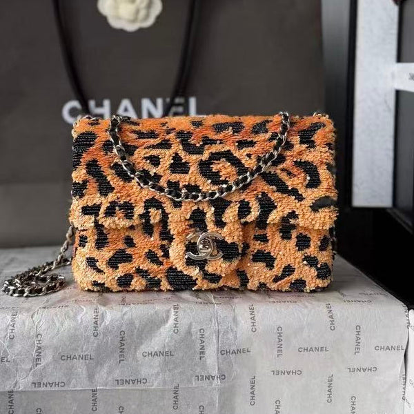 CC 2026 Flap Bag 21cm Leopard Sequin Leather