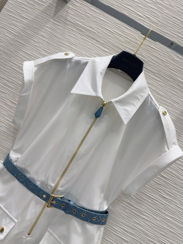 LV 25S Blue Belted Dress White Brown Cotton Polyester