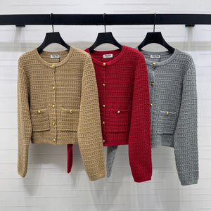Miu Waffle-Knit Cardigan Gold Buttons Beige Wool 415898