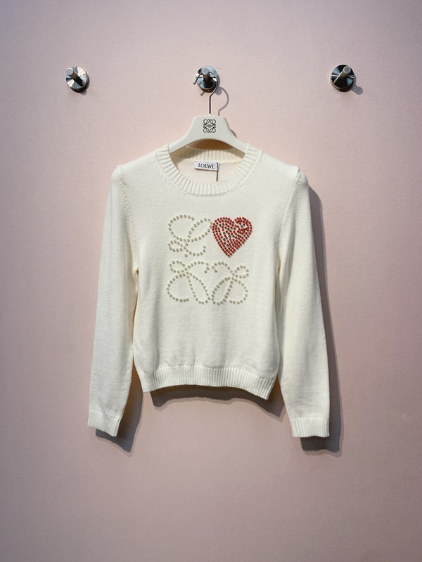 Pull à logo brodé Loewe 2025 en laine et cachemire blanc et bleu 314435