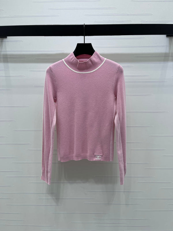 Chanel 2026 Top col montant première couche Laine noire, crème et rose