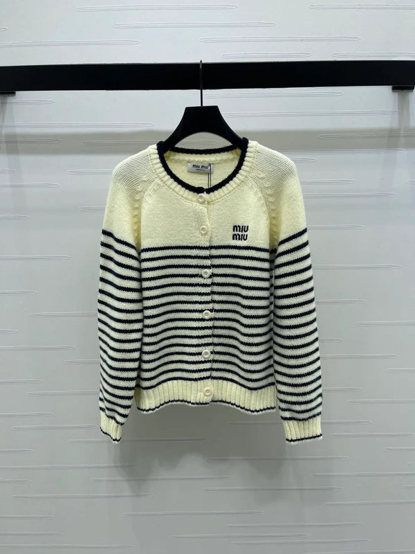 Miu 2026 Striped Knit Crew Neck Long-sleeved Cardigan Wool
