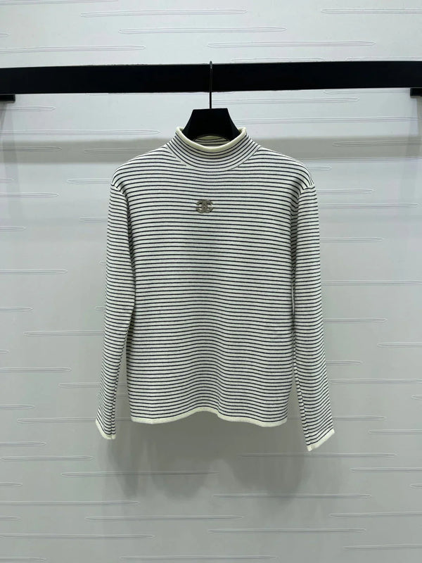 Pull à col roulé rayé en laine Chanel 2026 à manches longues