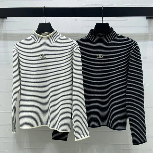 Pull à col roulé rayé en laine Chanel 2026 à manches longues