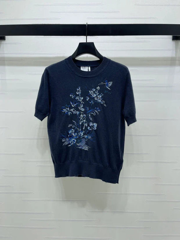 Dior 2026 Floral Embroidered Butterfl Short-Sleeve T-Shirt Wool
