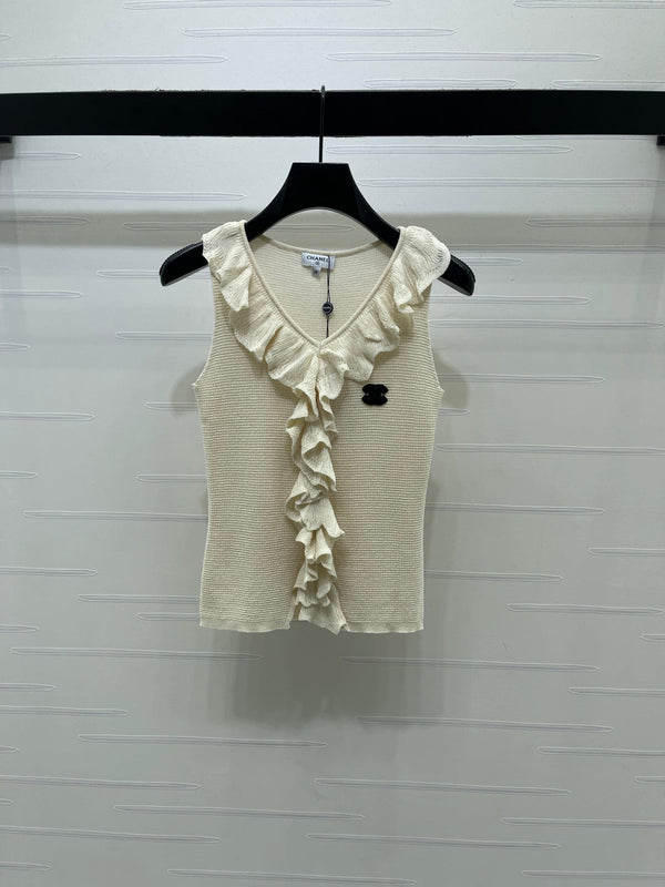 CC Ruffled V-Neck Knit Top Polyester 406486