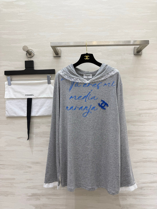 CC Hooded Lace Trim Shirt Blue Script Lettering 416094