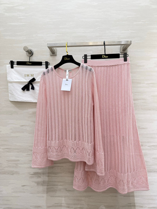 CD 26S Open-Knit Round-Neck Top & High-Waist Long Skirt Set 437198