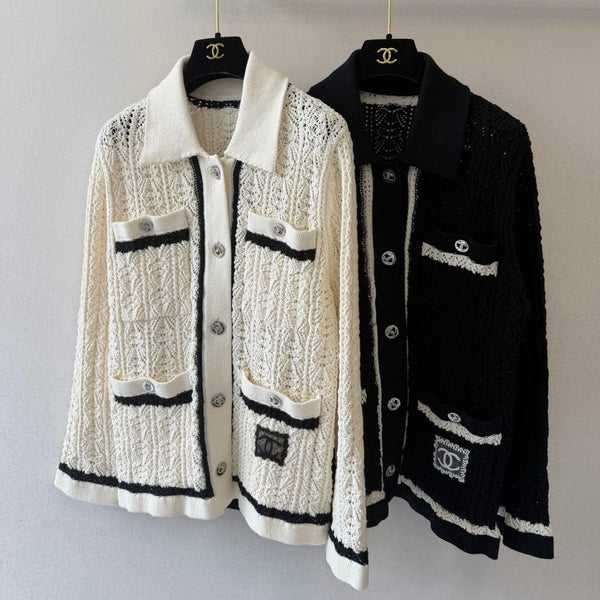 CC 26s Open Knit Cardigan Cotton Blend Contrast Trim 441884