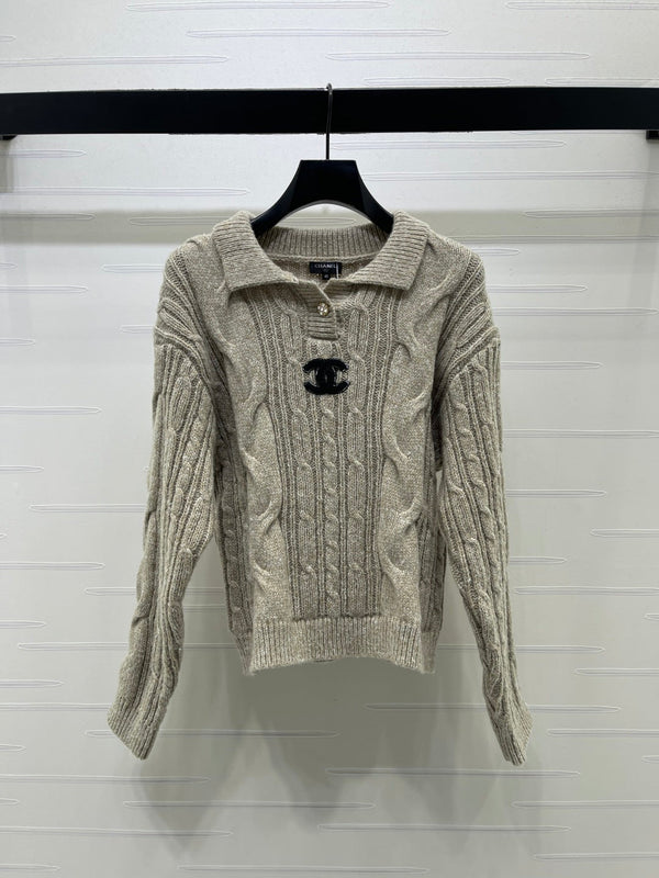 CC 26FW Cable-Knit Polo Sweater Double C Logo Patch Wool 274021
