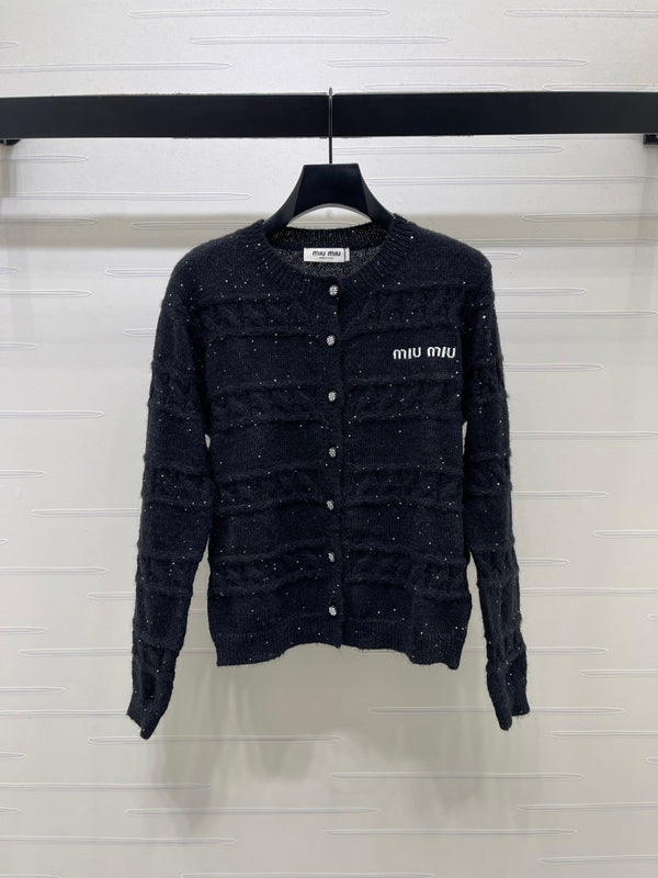 Miu 26FW Cable-Knit Rhinestone Cardigan Black Wool 439885