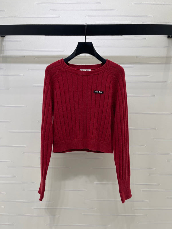 Miu 26FW Cropped Ribbed Crewneck Sweater Logo Jacquard Wool 446555