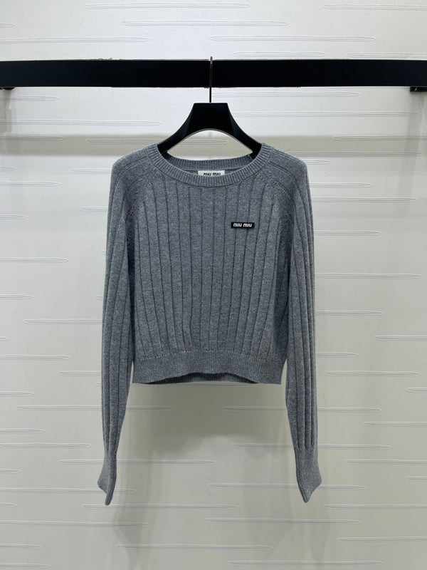 Miu 26FW Cropped Ribbed Crewneck Sweater Logo Jacquard Wool 446555