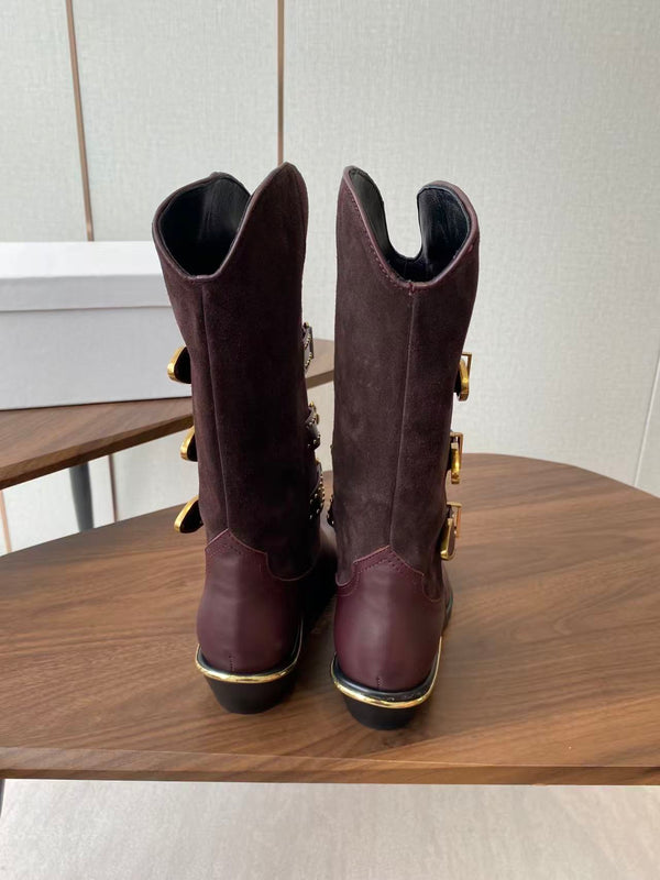 Isabel Marant Meixa Boots Santiag 30mm Burgundy Leather and Metal