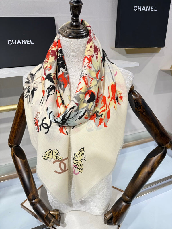 CC 2026 Square Scarf 140cm Red White Cashmere Silk 218853