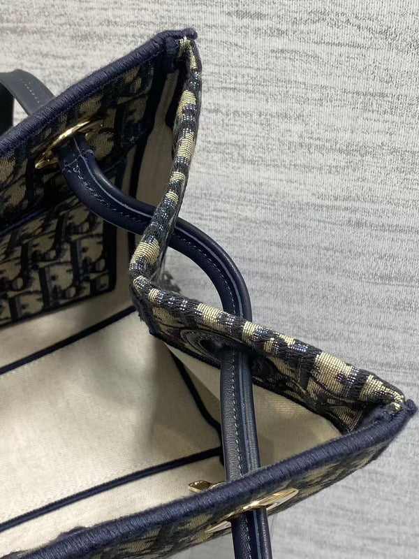 CD Medium Shopping Bag Blue Beige Oblique Jacquard Cotton Calfskin